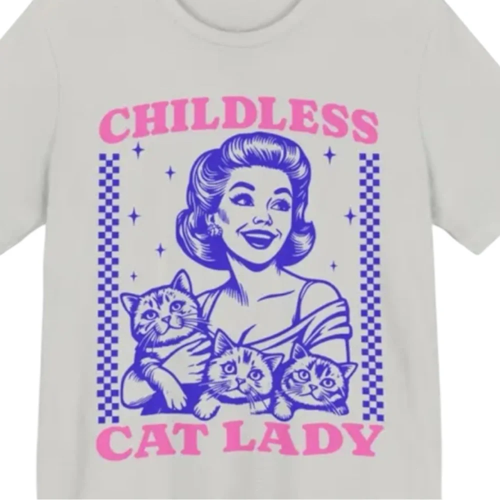 Bella Canvas Cream Childless Cat Lady T-Shirt with Purple and Pink Graphics